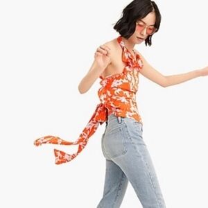 NWT J. Crew Ratti Ruffled Wrap Halter Top Falling Leaves Dark Orange & Blue MD
